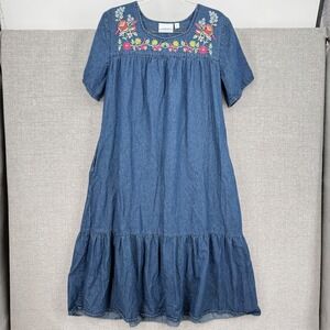 National Blue Denim Floral Embroidered Muumuu Dress‎ Tiered Midi Pockets Medium